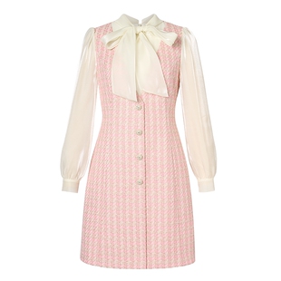 La Koradior拉珂蒂气质女减龄秋冬香风蝴蝶结泡泡袖假两件连衣裙