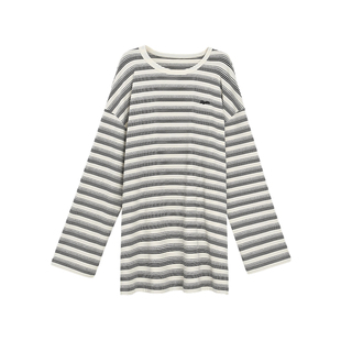 Turn Signal条纹长袖T恤裙女中长款2026新款时尚休闲宽松连身裙