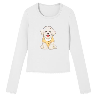 PSO Brand女装可爱贴纸小狗圆领长袖T恤女修身打底衫上衣秋季百搭