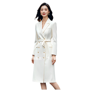 秋季新款白色修身气质长袖职业通勤中长纯色西装裙外套连衣裙女装