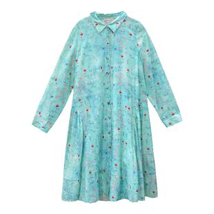 阁兰秀春季新品邦迪蓝水墨画手绘印花衬衫连衣裙轻薄透气裙子女装