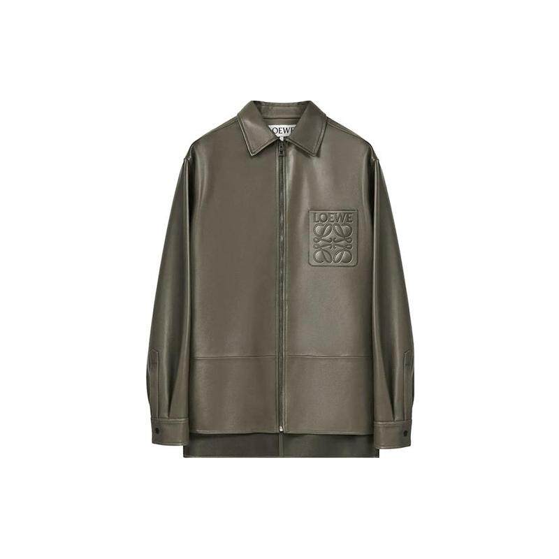 LOEWE FW22 纳帕皮拉链纯色衬衫式夹克外套 男款 卡其色