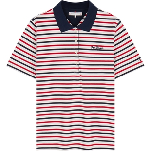 Tommy春夏女装经典珠地网眼休闲通勤条纹刺绣翻领短袖T恤POLO衫