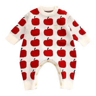 婴儿连体衣红色喜庆新年毛衣金线平安喜乐苹果提花加绒宝宝爬爬服