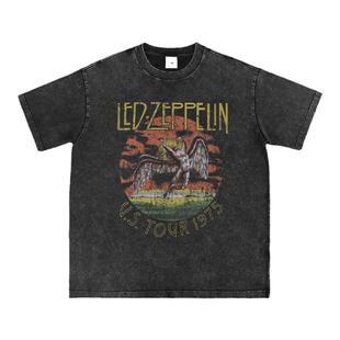 LedZeppelin直喷做旧齐柏林飞艇乐队复古灰美式街头摇滚长短袖T恤