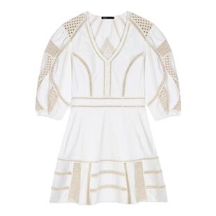 Maje春夏女装法式温柔风时尚镂空白色五分袖泡泡袖短款收腰连衣裙