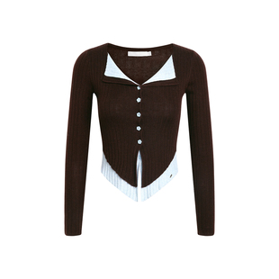 张籽沐同款Kroche 浪漫法式 羊毛混纺假两件撞色翻领针织打底开衫