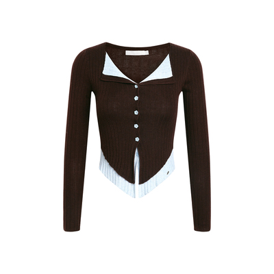 假两件撞色翻领针织打底开衫