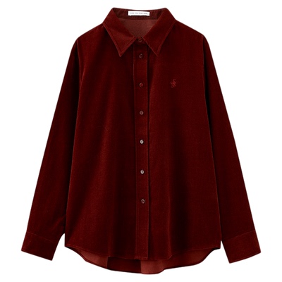 水云间复古红色灯芯绒衬衫外套女纯棉长袖衬衣宽松上衣2025秋冬款