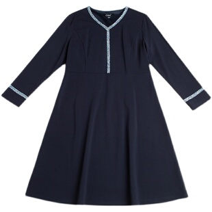 Gitti/吉蒂秋款花边拼接七分袖连衣裙大码V领收腰显瘦女装G215352