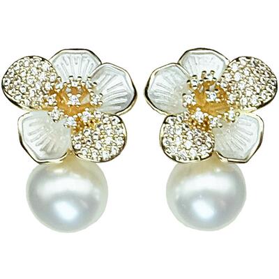 14K金S925纯银针山茶花珍珠耳钉