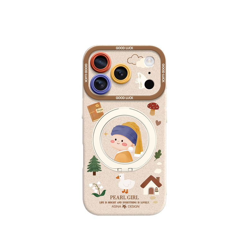 童话珍珠少女适用iPhone17Promax手机壳新款苹果16Pro磁吸带支架套Bo5液态硅胶支点ip15高级感14可爱13pm全包