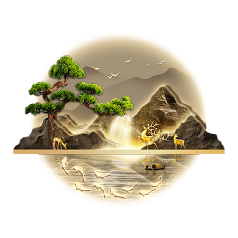 新中式玄关装饰画入户正对门山水画带灯走廊过道挂画迎客松壁画