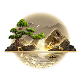 新中式玄关装饰画入户正对门山水画带灯走廊过道挂画迎客松壁画