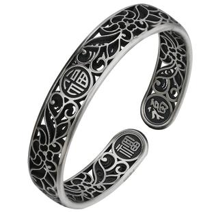 九乐999纯银手镯女繁花做旧镂空雕花复古中国风福字实心足银镯子