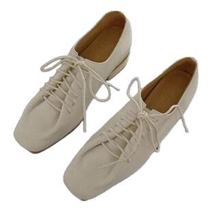 小众设计方头系带德比鞋6cm内增高白色真皮乐福鞋小皮鞋休闲单鞋