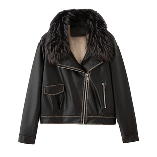 海宁真皮皮衣女短款加绒加厚2025秋冬新款绵羊皮外套韩版毛领夹克