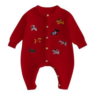 宝宝衣服拜冬年服喜庆婴儿红色连体衣超萌可爱过年拜年婴幼儿爬服