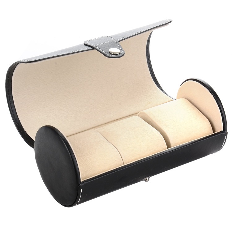 跨境热销3位手表盒包装盒多收纳盒旅行随身皮圆筒手表PU色便携式