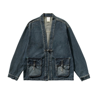 男生新中式道袍版型对襟开衫大码纯棉牛仔夹克外套男2026新款春季