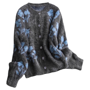 撞色蓝色碎花软糯仿貂毛圆领毛衣外套25冬季新款长袖针织衫女M482