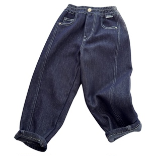 环保印染~加绒原色牛仔 男童秋冬一体绒牛仔裤儿童冬季新品薄棉裤