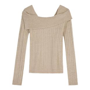 MULVAN 一字肩修身毛衣女秋冬露肩设计感针织衫气质长袖上衣