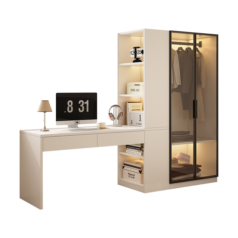 帕美迪奶油风玻璃门衣柜电脑桌大书柜一体多功能组合家用收纳柜