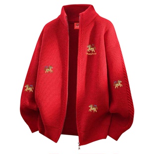 查尔斯桃心冬季马年红色圣诞卡通印花慵懒百搭针织领开衫毛衣外套