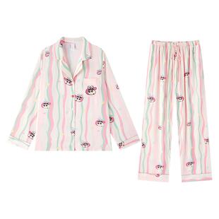 蜡笔小新睡衣冰丝女款秋春长袖丝绸夏季家居服带胸垫2026新款女士