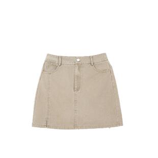 Basic House/百家好卡其色牛仔半身裙女2026春季新款高腰A字短裙