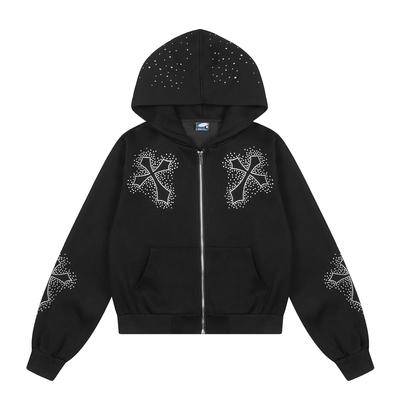 DHSS十字架烫钻连帽卫衣开衫