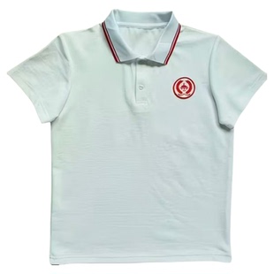 北京育才学生夏季校服白短袖白领俩红边带校徽棉POLO衫男女款定制