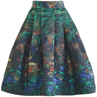 亦克阿瑟绿色流光半身裙裙子高腰a字伞裙复古百褶蓬蓬短款显瘦女