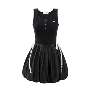 UNIFREEPLUS大码女装黑色拼接无袖连衣裙休闲收腰运动风花苞裙子