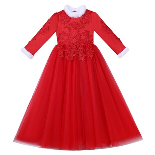 冬季女童加绒连衣裙小女孩表演出礼服花童白纱裙儿童红色公主裙子