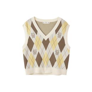 PIT复古设计感法式拼色毛织马甲女秋装新款套头宽松马夹上衣