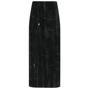 COCOBELLA新中式竹叶拓印压褶丝绒半身裙女气质吊坠长裙HS0001