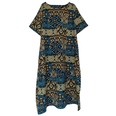 大码棉麻过膝印花连衣裙民族风