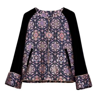 【陆美英 黑织金宝相花】宋锦拼丝绒上衣新中式国风休闲气质女装