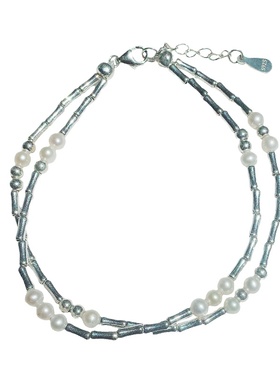 纯银5A珍珠复古双层手链摩斯密码