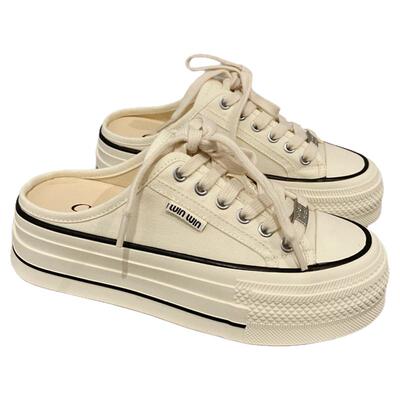 厚底圆头系带休闲帆布鞋包头拖鞋