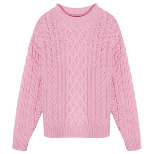 落落狷介 麻花毛衣女款2025新款冬季粉色绵羊毛宽松毛线衣小个子