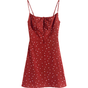 棉洋 法式波点吊带高腰连衣裙 仙女度假吊带裙少女感印花抽绳短裙