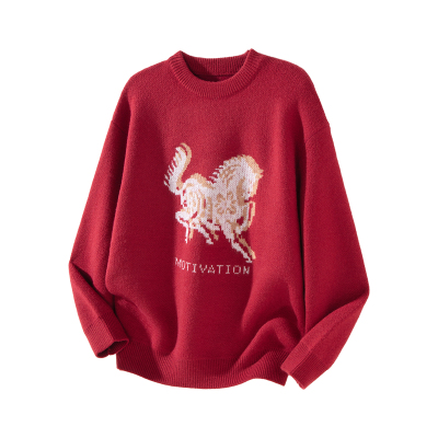 马年红色毛衣男款冬季圆领提花