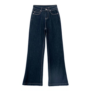 莱赛尔面料~深蓝色高腰加绒牛仔裤女秋冬显瘦百搭高弹力喇叭长裤