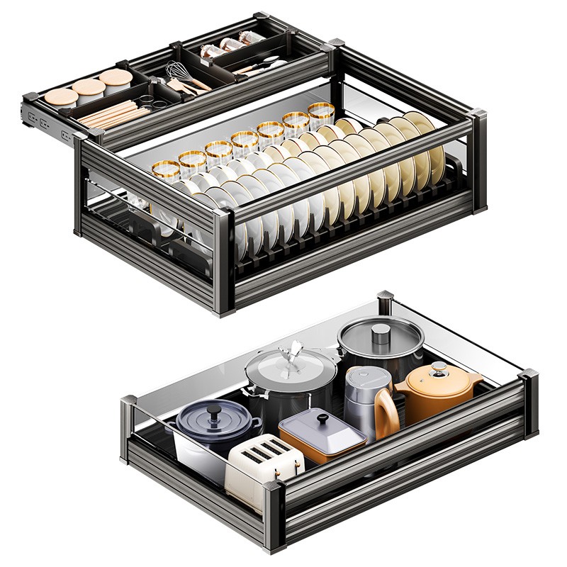 潜水艇厨房橱柜拉篮抽屉式304不锈钢碗碟拉篮双层调味碗碟篮