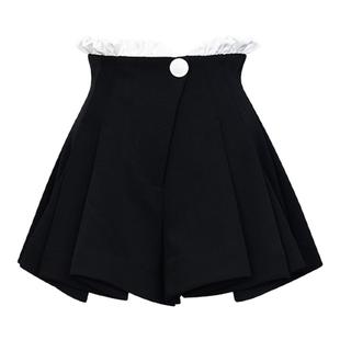 lefame拉飞姆白色荷叶边撞色点缀俏皮百褶半裙