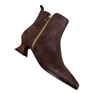 低跟粗跟冬季复古侧拉链棕色女短靴美拉德加绒靴子舒适