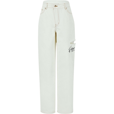 【折扣】YCH女士刺绣仿旧高腰直筒牛仔裤